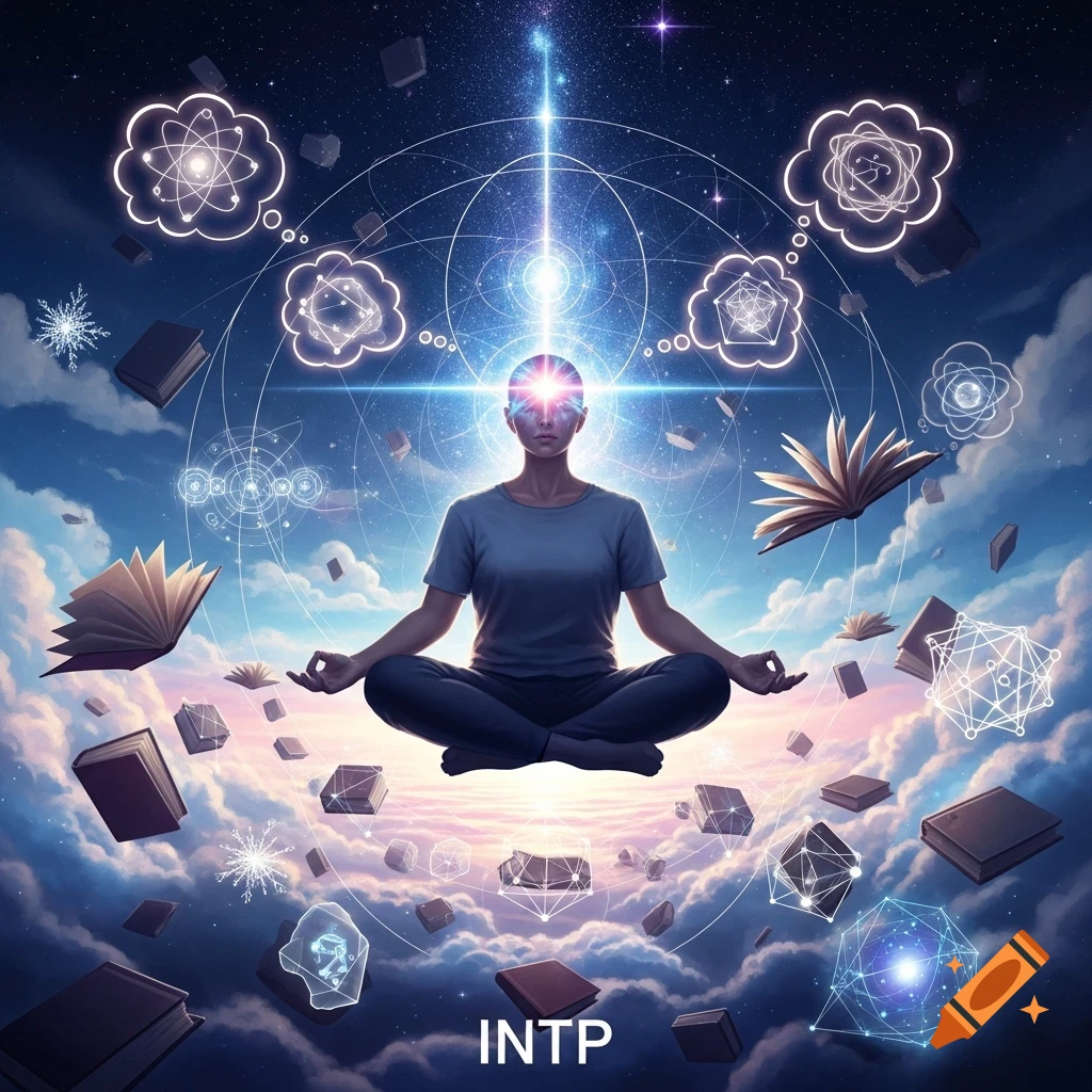 A meditating person floats in a cosmic sky with glowing abstract symbols and orbiting books. The text 'INTP' is below.