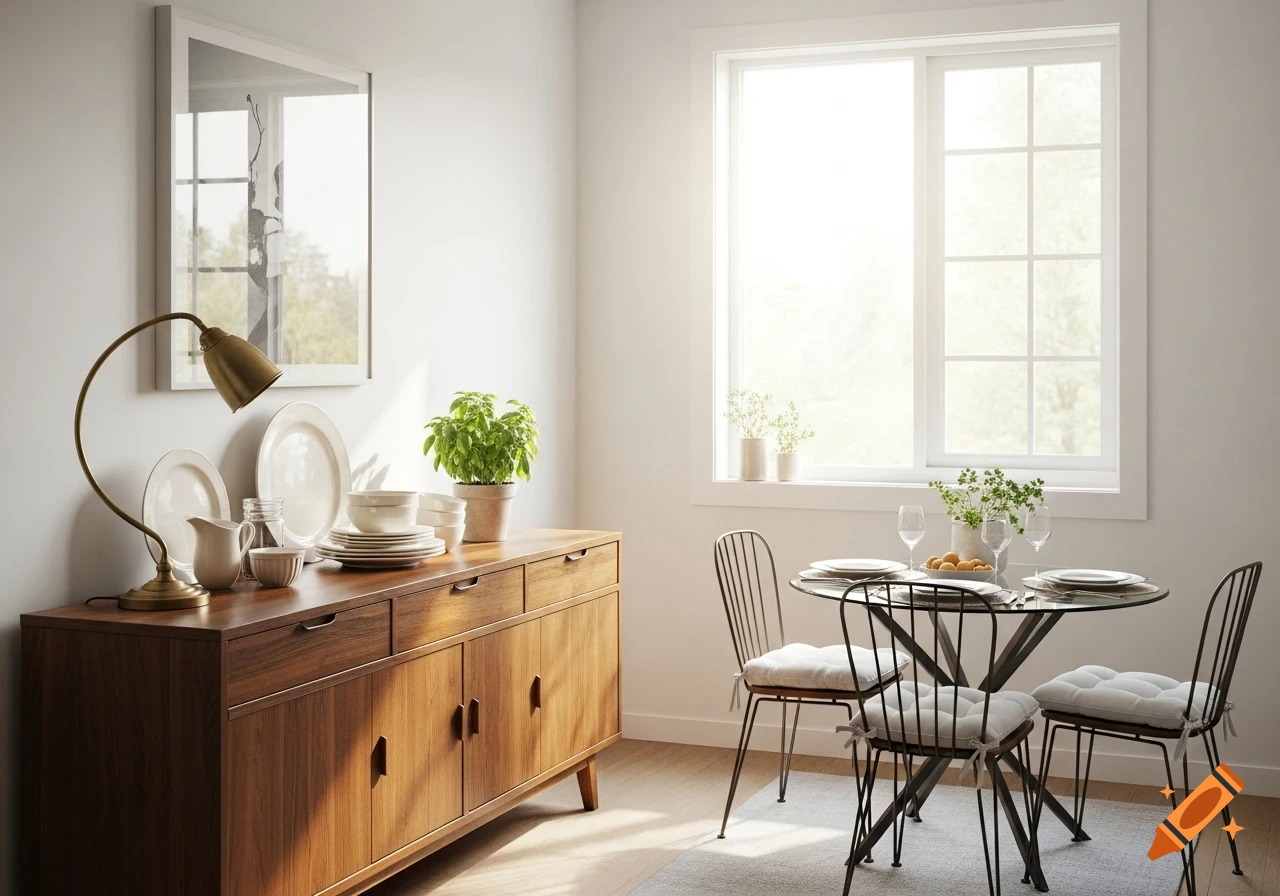 A bright, modern dining area with a wooden buffet, a bistro table with wire chairs, and a large window.