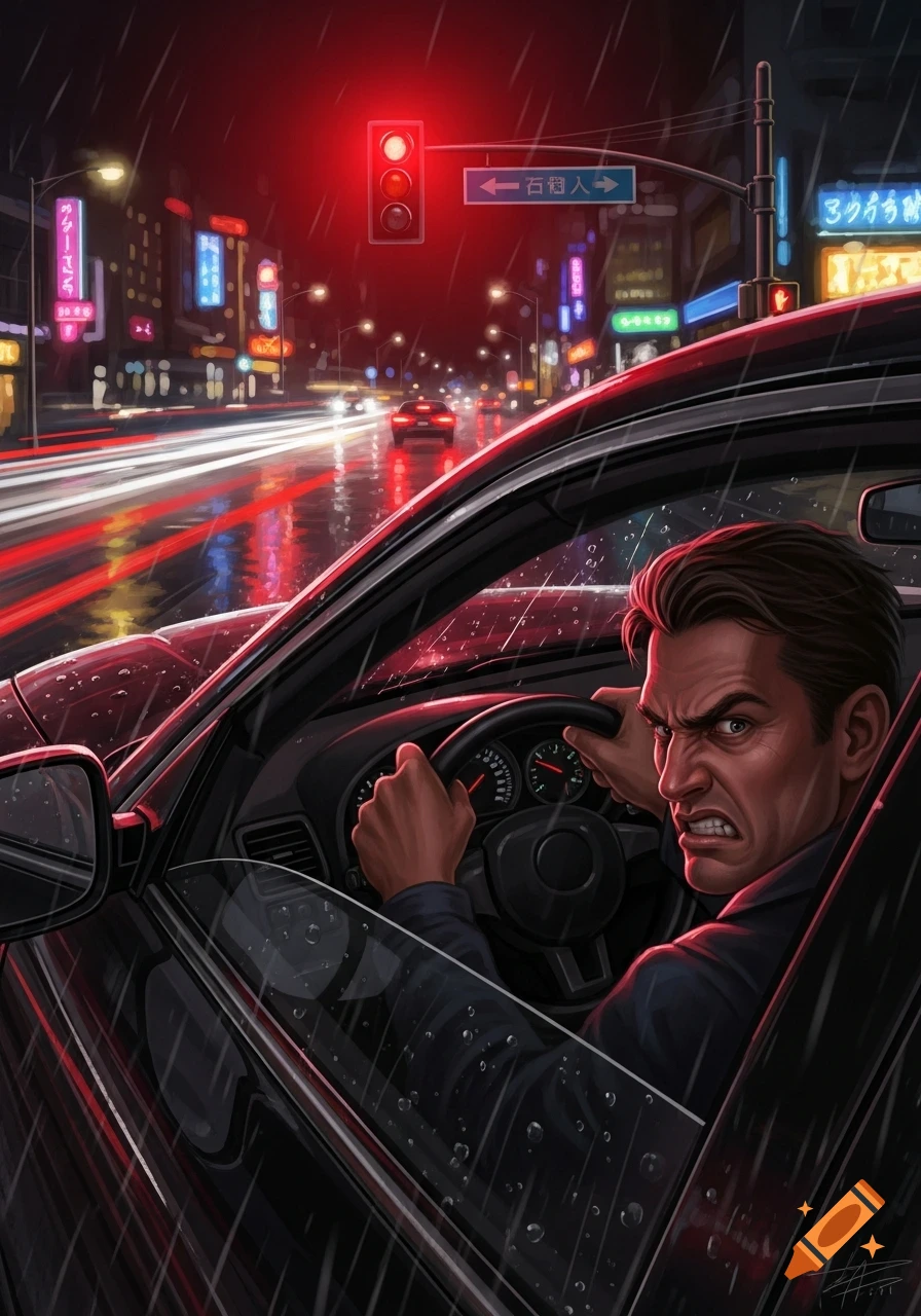 An angry man drives a car at night during heavy rain, illuminated by a red traffic light and neon city signs, in an illustrative style.