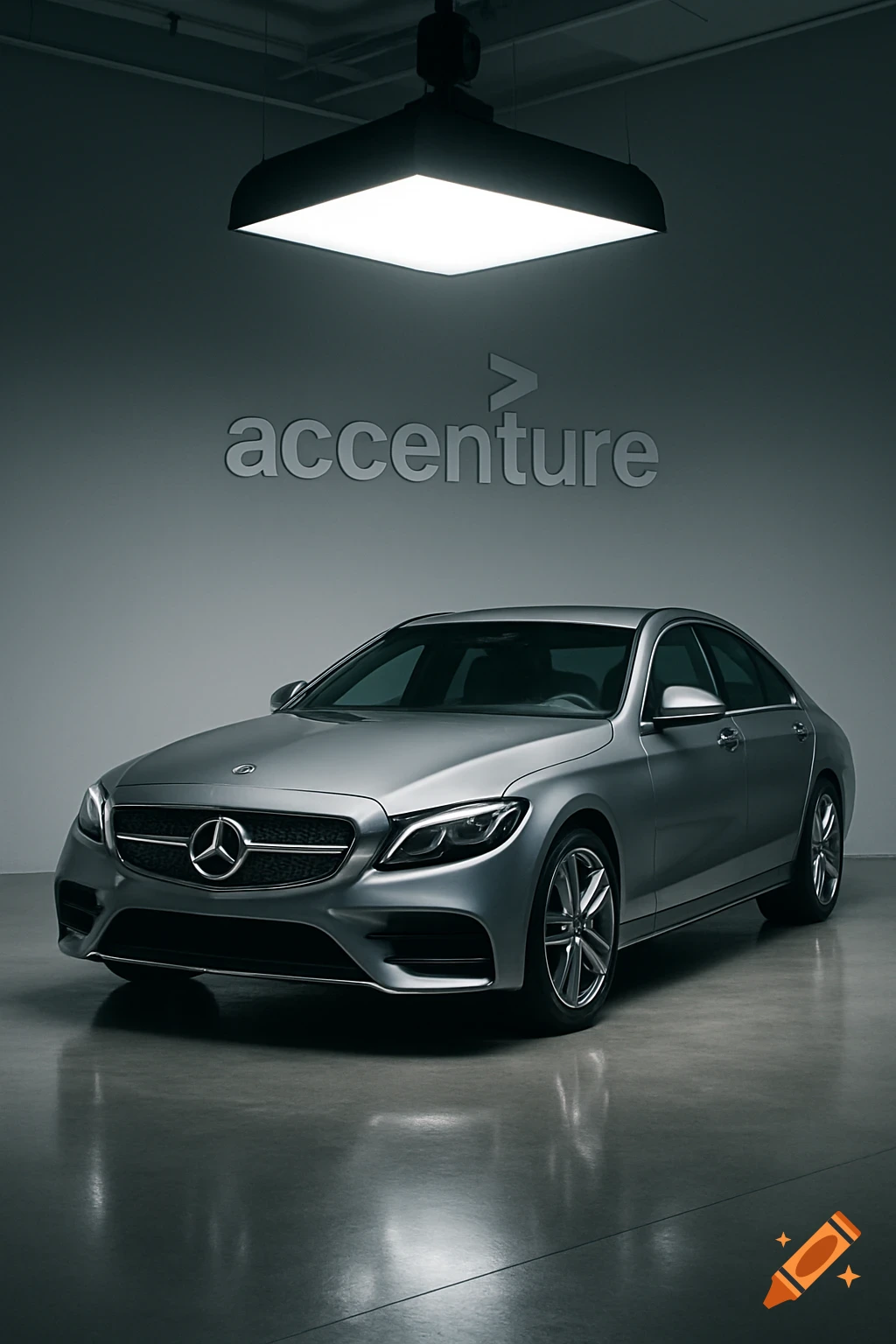 A photorealistic shot of a silver Mercedes car in a dimly lit studio, with the Accenture logo on the background wall.