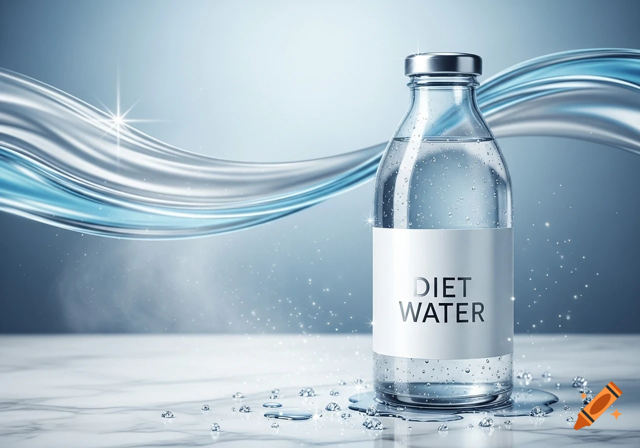 A clear glass bottle labeled "DIET WATER" with condensation sits on a white marble surface, surrounded by sparkling water droplets and abstract blue waves in the background.