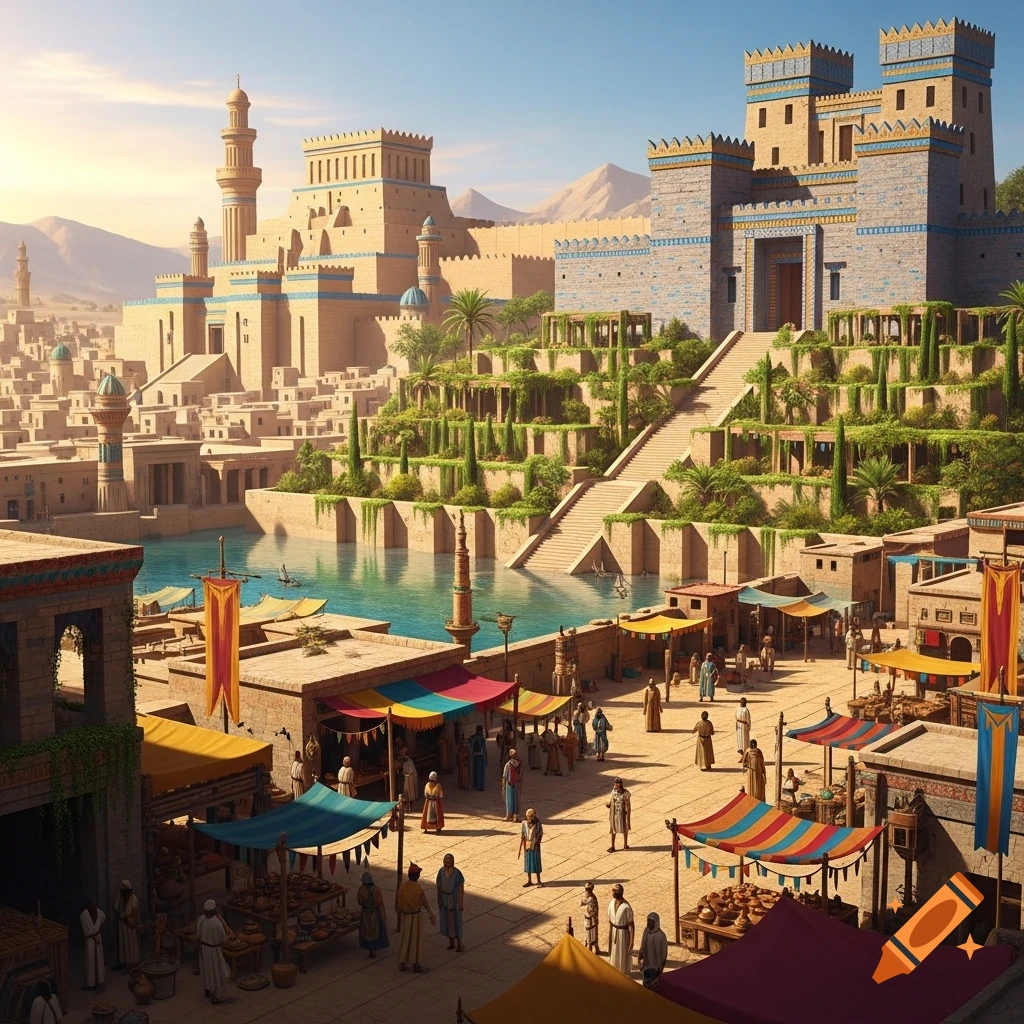 A bustling ancient city with a waterfront market, leading up to grand terraced buildings and structures under a clear sky.