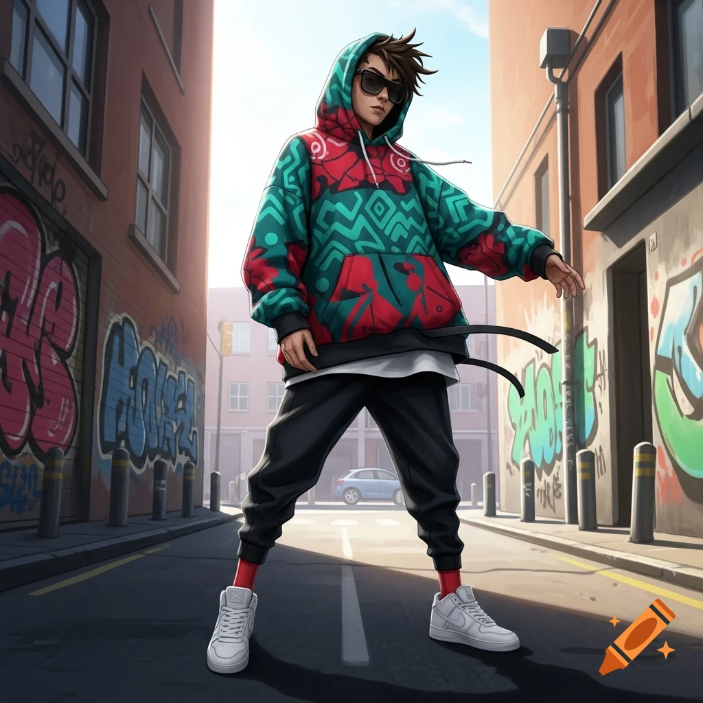 Anime-style person in sunglasses, an oversized colorful streetwear hoodie, and dark pants stands confidently on an urban street.