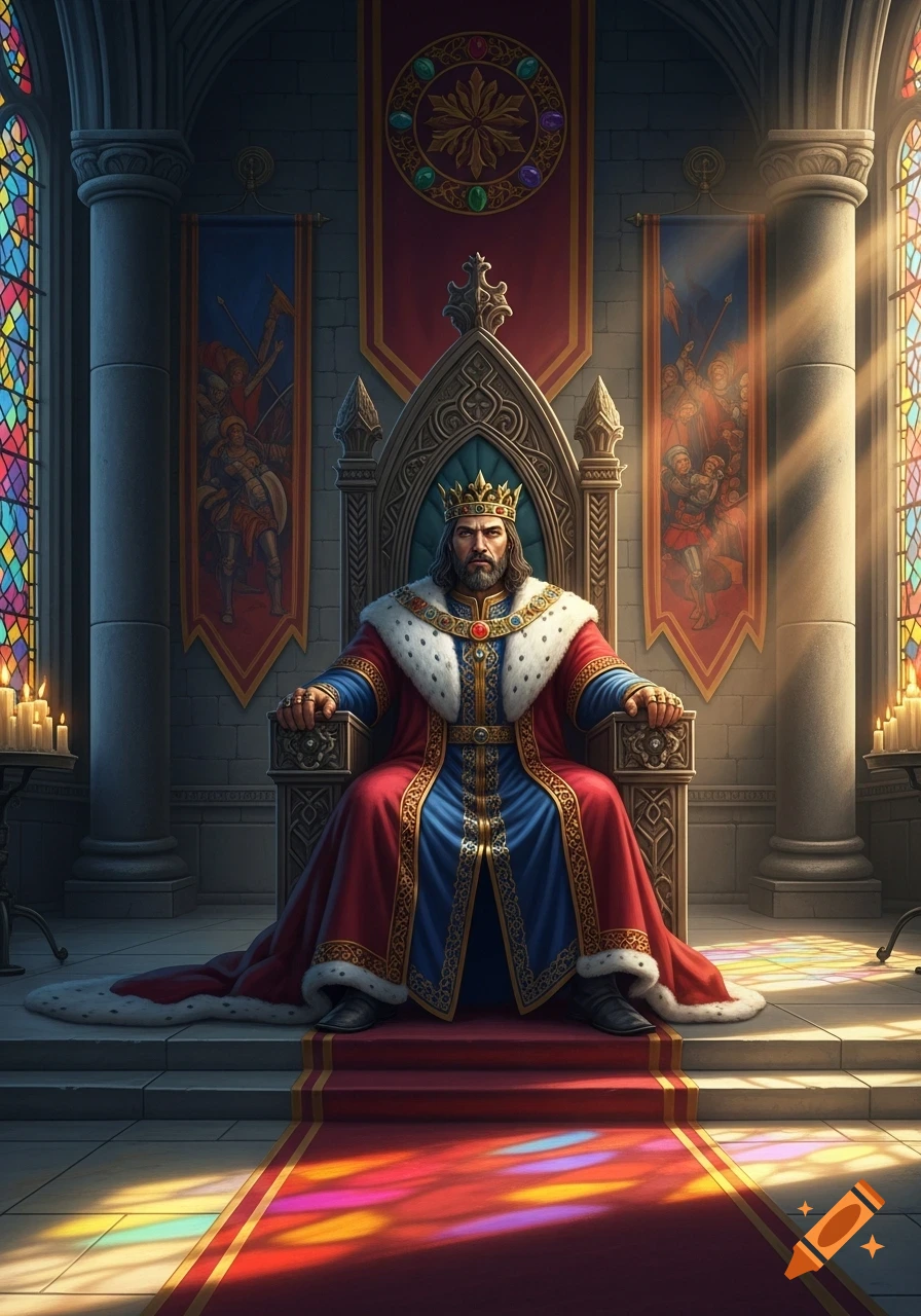 A powerful medieval king, with a beard and crown, sits regally on an ornate throne in a grand hall, illuminated by stained glass.