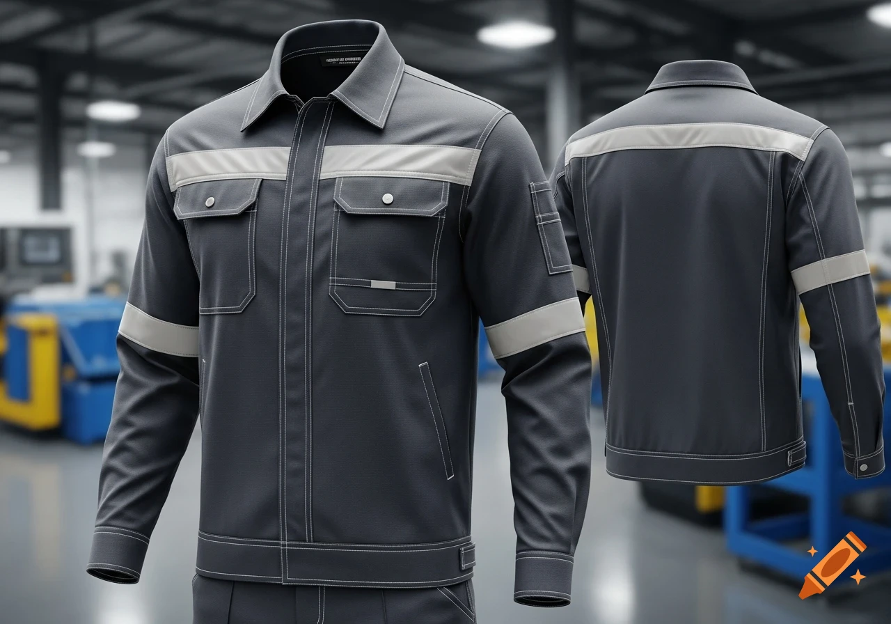 A photorealistic image of a dark gray work jacket with light gray reflective stripes and multiple pockets, shown from front and back views.