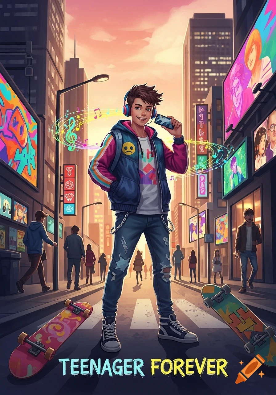 A stylized illustration of a smiling teenager with headphones, holding a phone, standing on a city street between two skateboards with buildings and billboards in the background.
