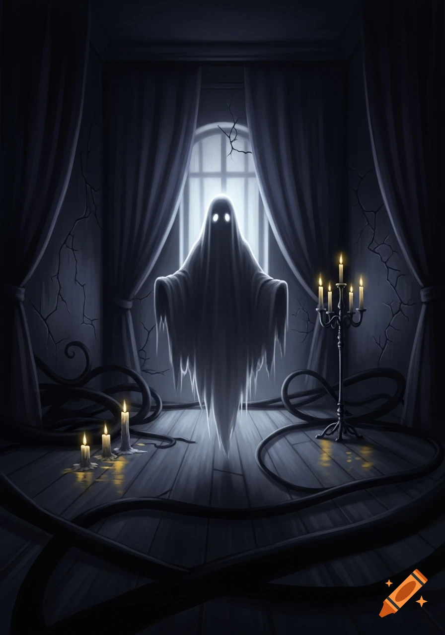 A white sheet ghost with glowing eyes floats in a dark, haunted room with drawn curtains, candles, and twisted vines on the floor.