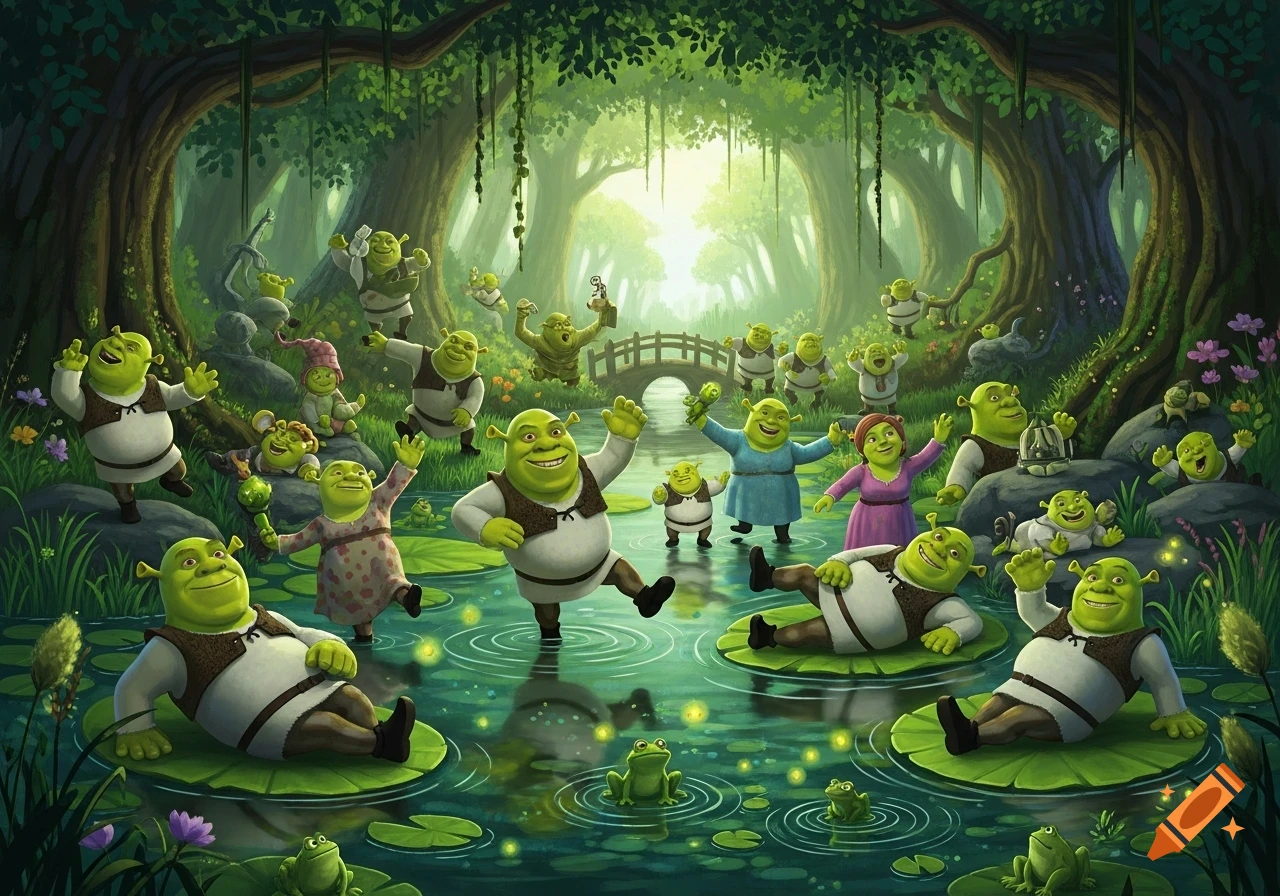 Many Shrek and Fiona-like ogre characters, including babies, celebrate and play in a vibrant, enchanted swamp with lily pads and trees, rendered in a cartoon style.