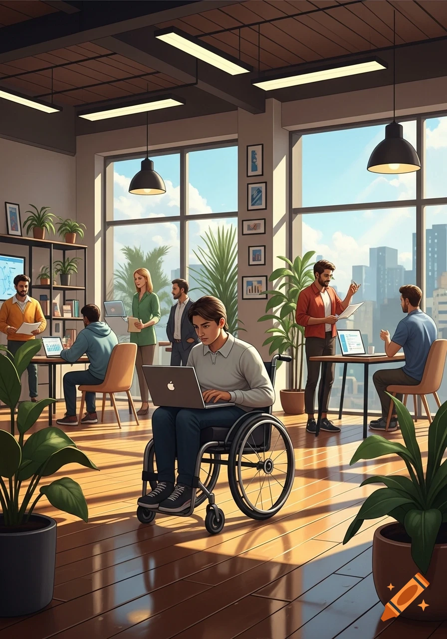 An illustrated scene of a diverse group of people working in a bright, modern office, with one person using a laptop in a wheelchair.