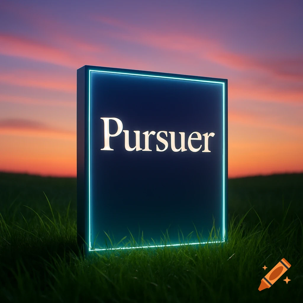 A glowing dark blue sign with the word "Pursuer" stands in a grassy field against a vibrant sunset sky.