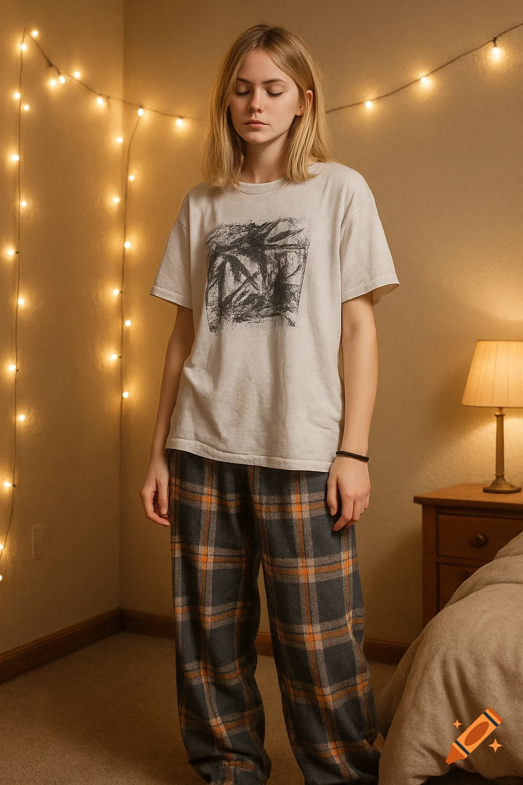 A blonde girl in a white graphic t-shirt and plaid pajama pants stands with closed eyes in a room with string lights.