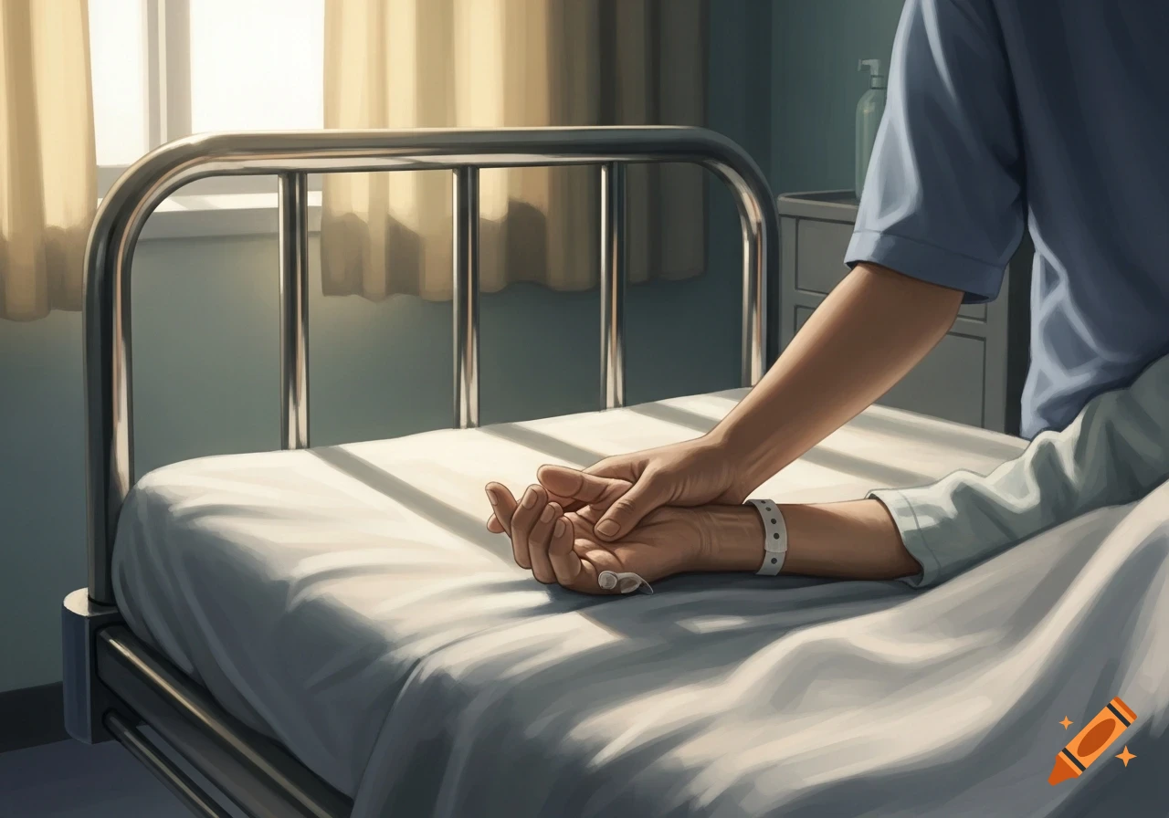 Illustrative close-up of a hand comforting a patient's hand with an IV and wristband on a hospital bed.