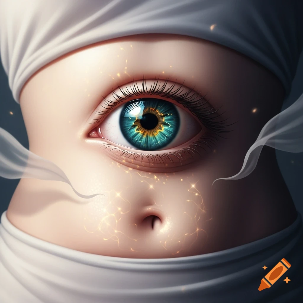 A surreal image of a large, detailed eye with a blue and gold iris on a human belly, surrounded by sparkling light and smoke.