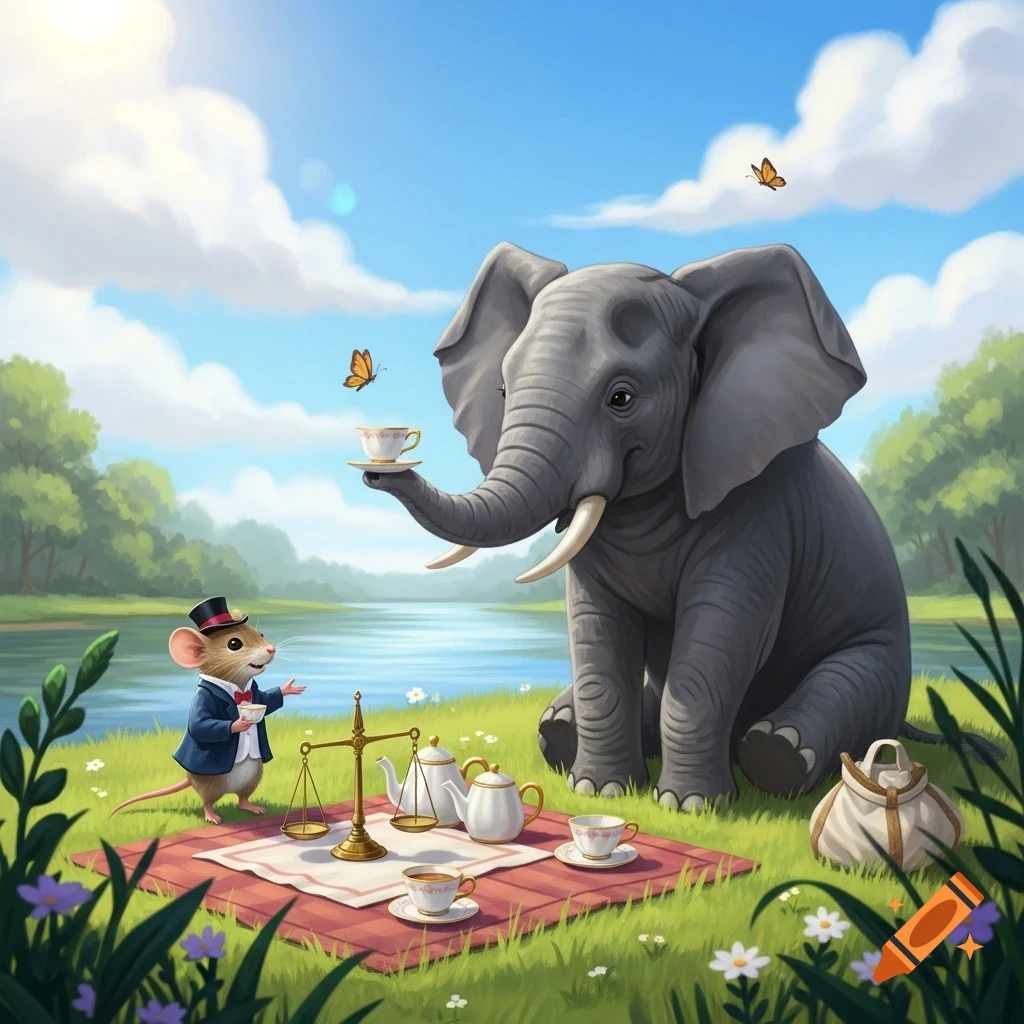 A whimsical illustration of a mouse in a suit and an elephant having a riverside picnic on a sunny day.