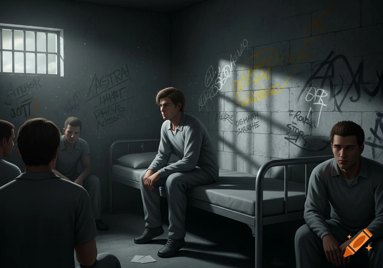 Young men in grey uniforms sit in a dimly lit prison cell with graffiti-covered walls and a barred window. Photorealistic style.