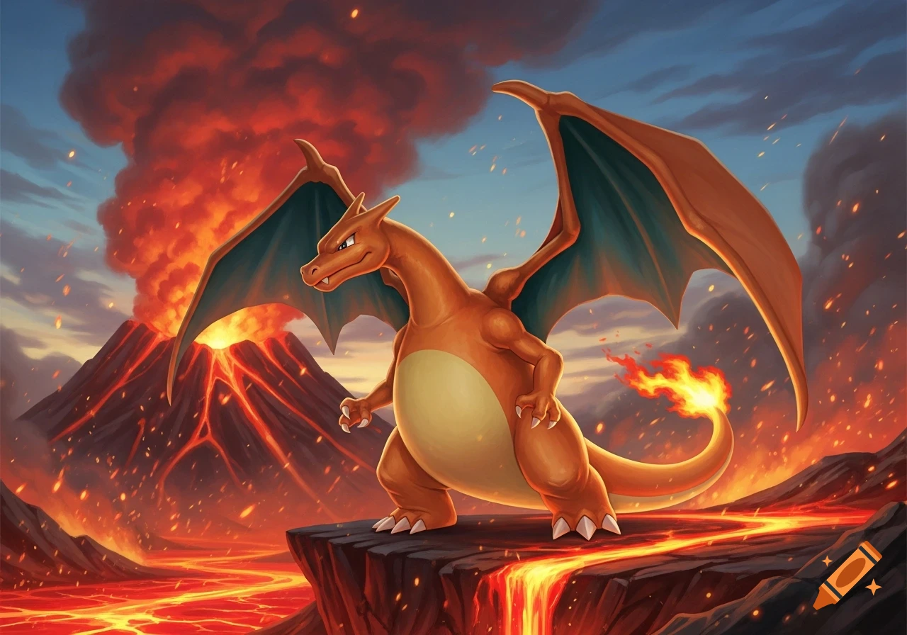 Charizard stands on a cliff overlooking an active volcano erupting with fire and lava flows.