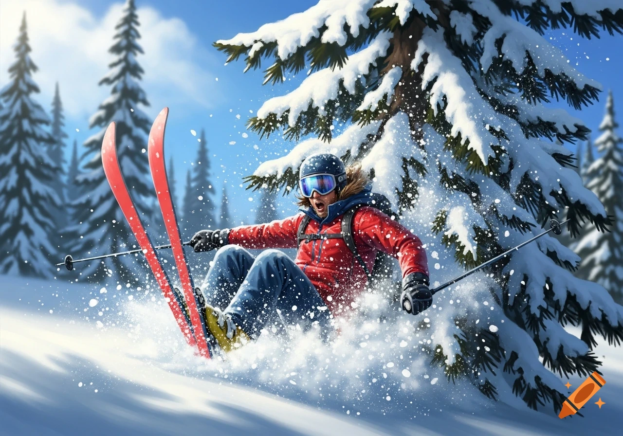 A skier in a red jacket and goggles crashes through snow on a sunny mountain. Evergreen trees in the background. Illustrative.