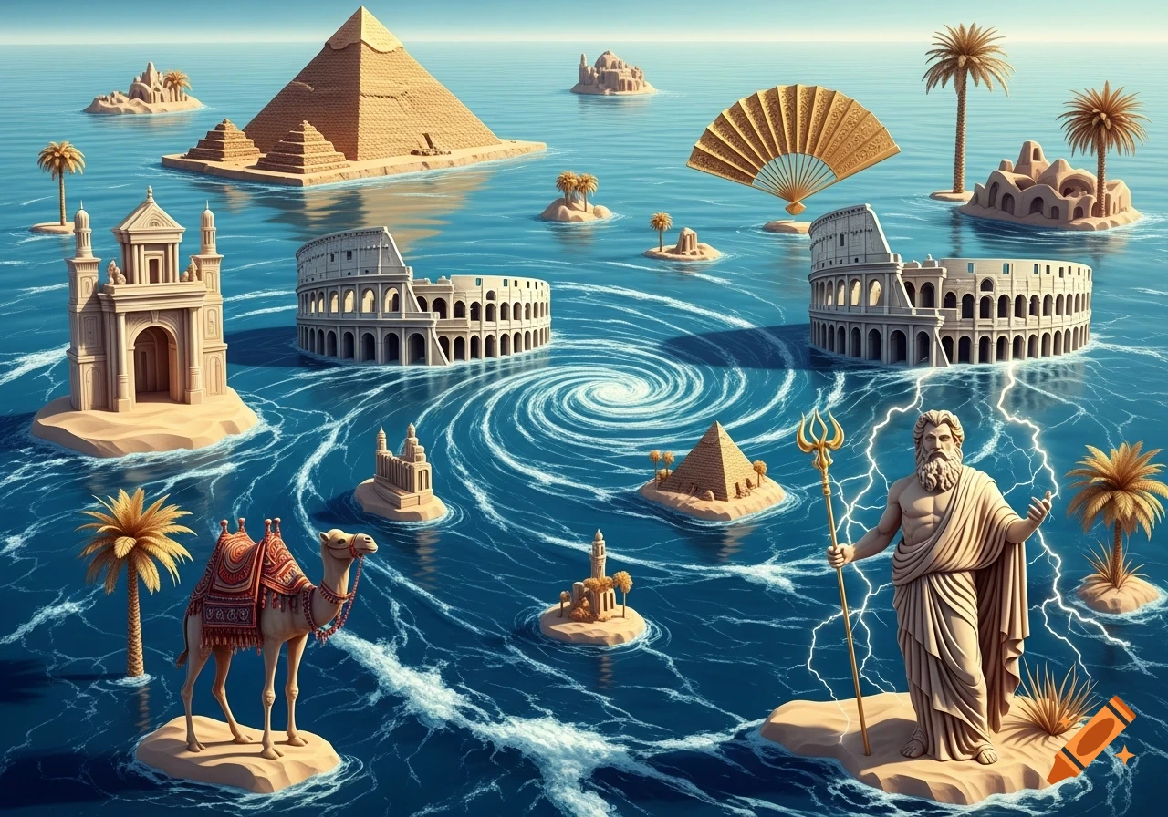 Fantasy scene with ancient landmarks like pyramids and the Colosseum, a Zeus statue, and a camel on small islands in a swirling blue ocean.