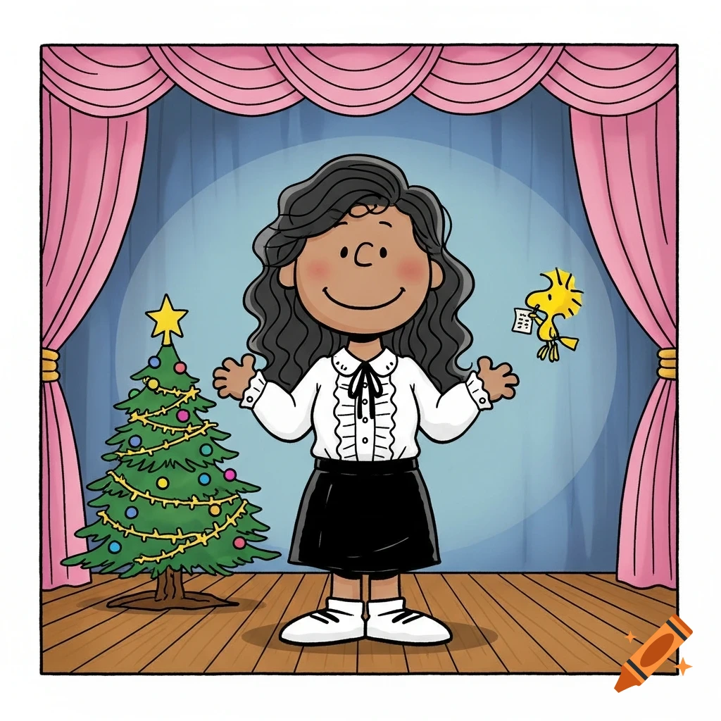 Peanuts-style woman with dark wavy hair, white blouse, and black skirt on a stage with pink curtains, a Christmas tree, and a yellow bird holding a script.