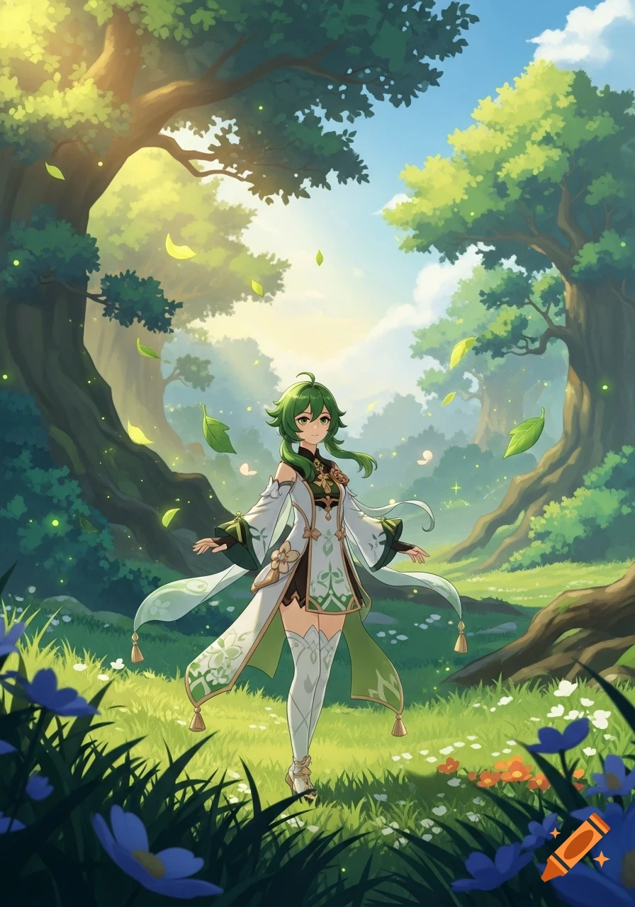 Anime girl with green hair and a white and green outfit stands in a vibrant fantasy forest with glowing, falling leaves.