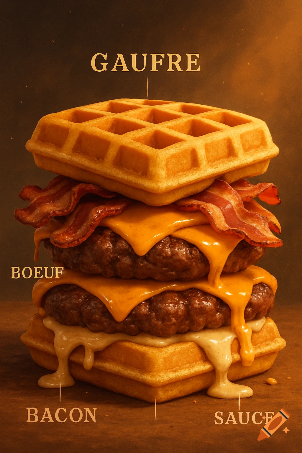 Photorealistic stacked waffle burger with two beef patties, melting cheese, crispy bacon, and sauces, against a dark background.