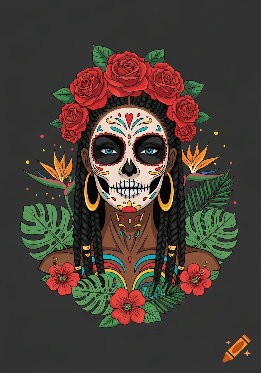 An illustration of a Black woman with sugar skull makeup, long braids, and a crown of red roses, surrounded by tropical leaves and flowers on a dark gray background.