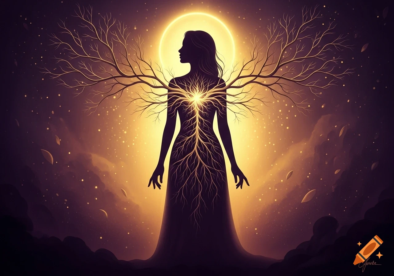 A mystical silhouette of a woman with tree roots and branches emanating from her glowing heart, set against a golden and purple spiritual light.