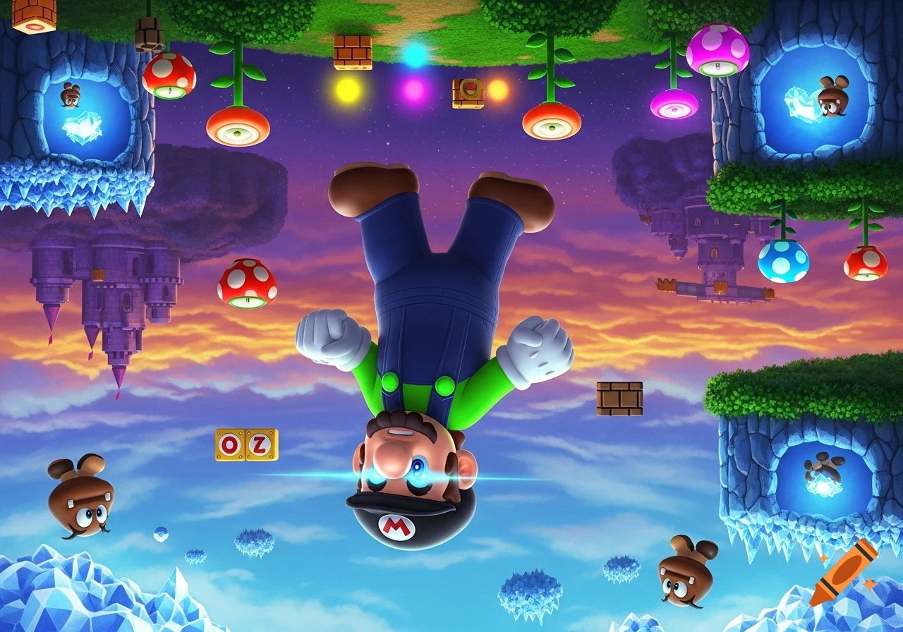 Upside-down Luigi floats in a vibrant, inverted Super Mario world with castles, ice, and floating mushrooms and blocks.