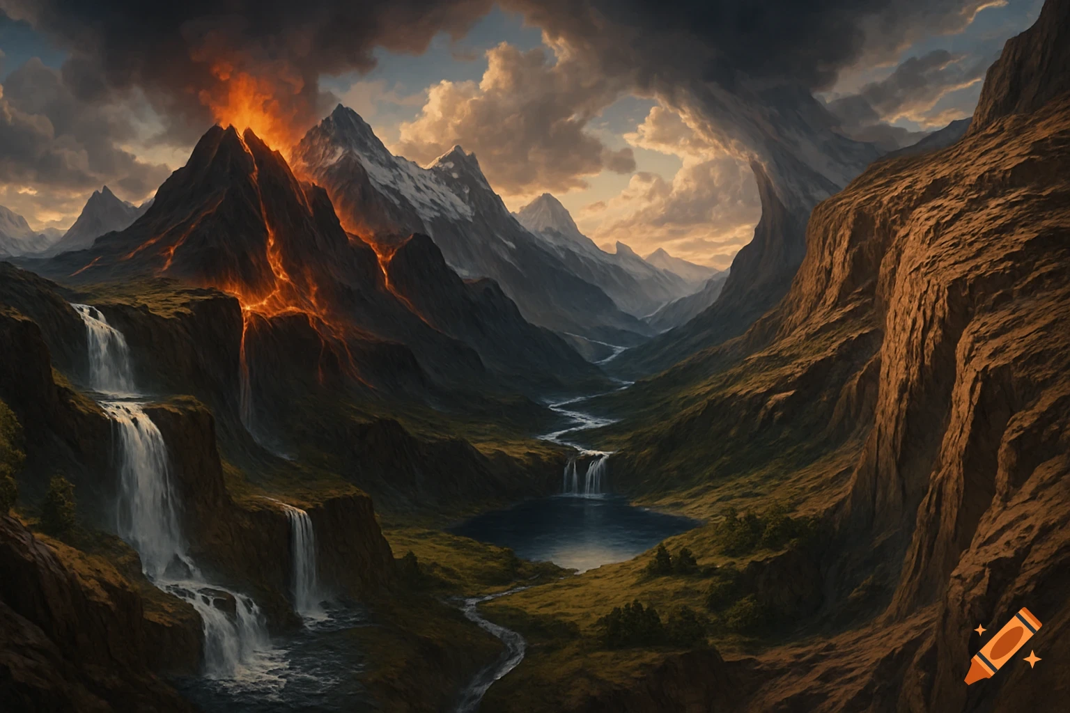 A dramatic landscape featuring an erupting volcano, snow-capped mountains, green valleys, a winding river, and waterfalls under a cloudy sky.
