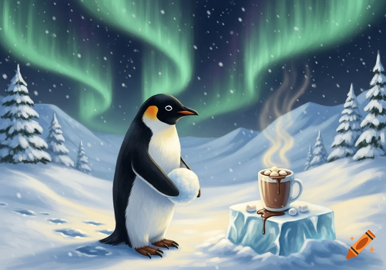 An illustrated penguin holds a snowball in a snowy landscape under the aurora borealis, next to a steaming mug of hot cocoa.