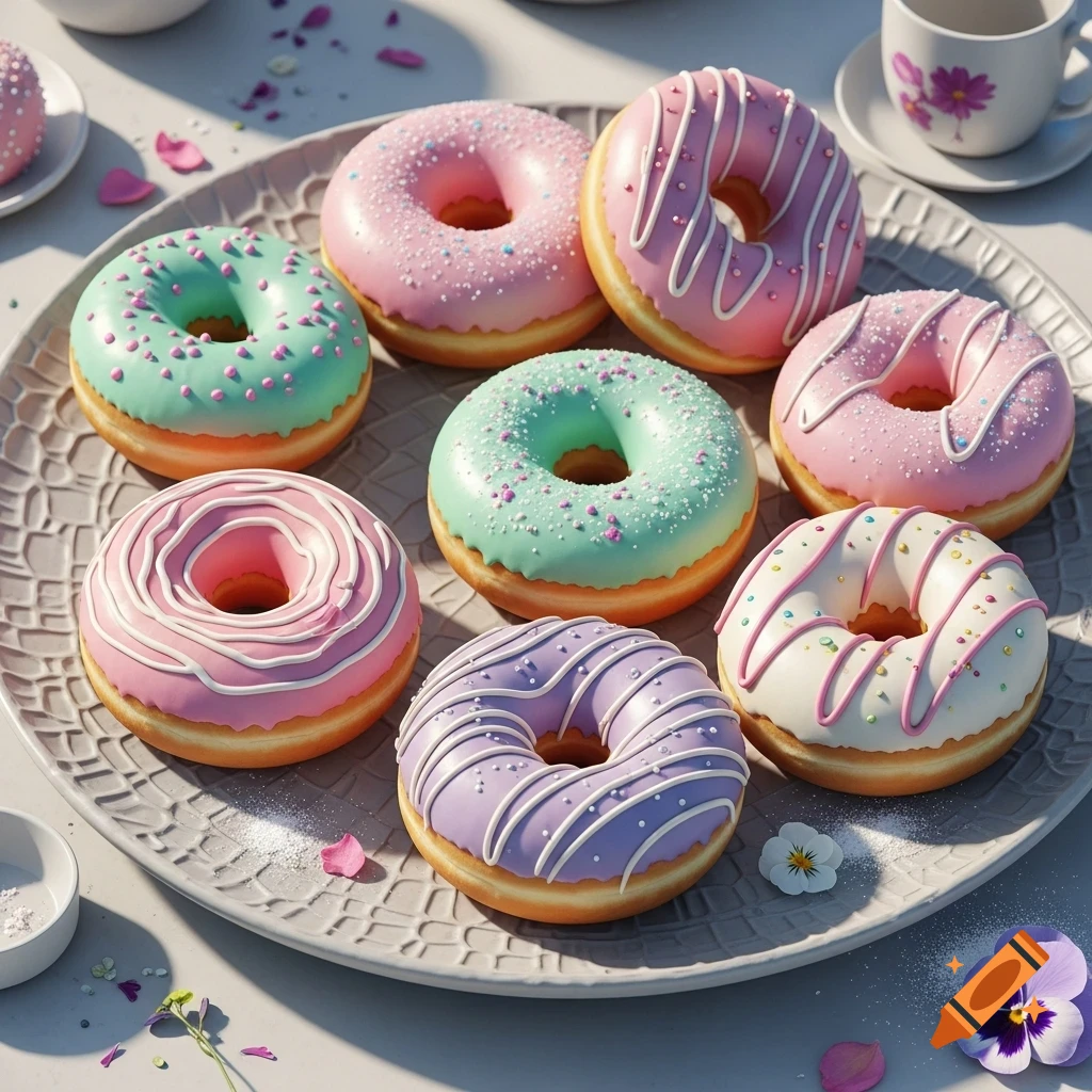 Vibrant pastel donuts with various toppings on a textured plate, surrounded by small flowers.
