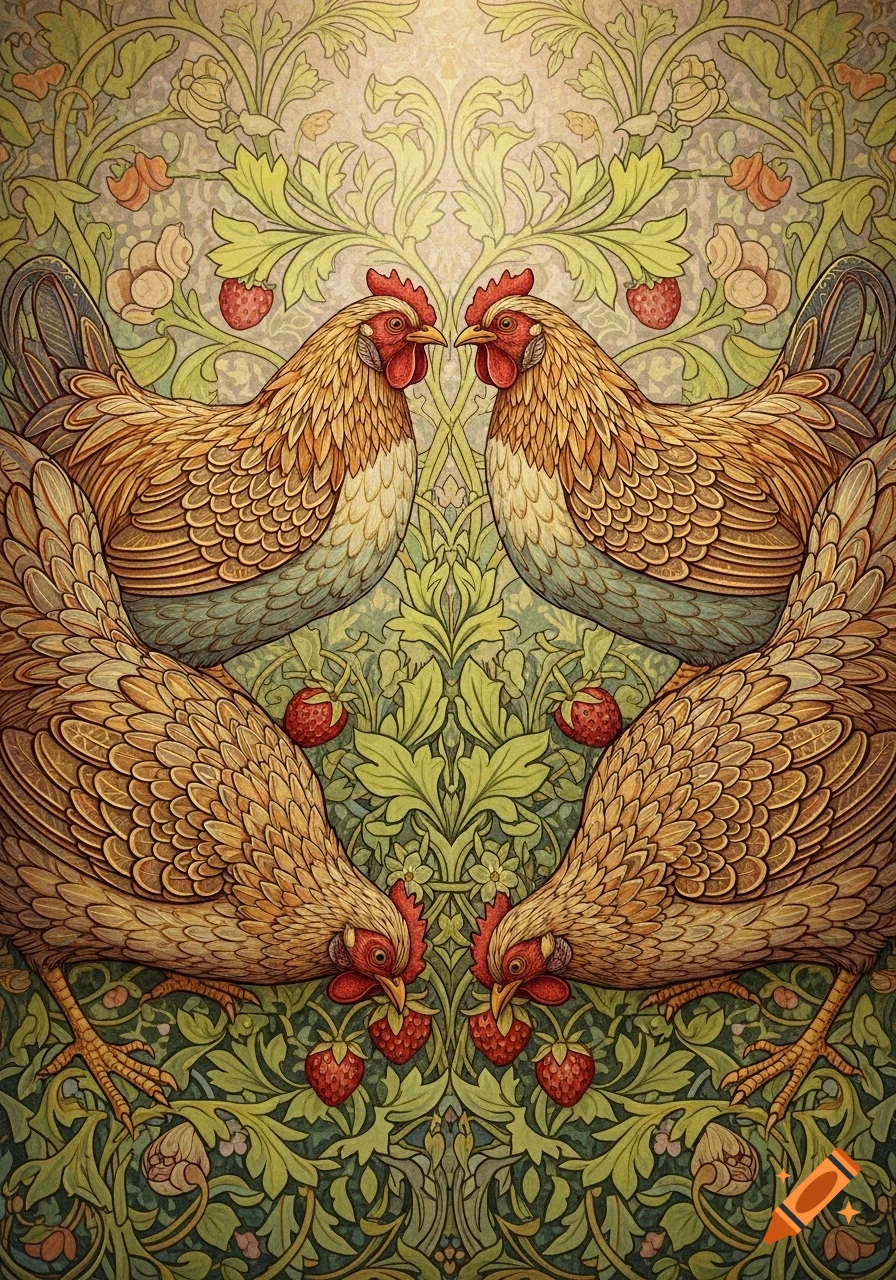 Symmetrical William Morris style pattern of brown chickens, green foliage, and red strawberries.