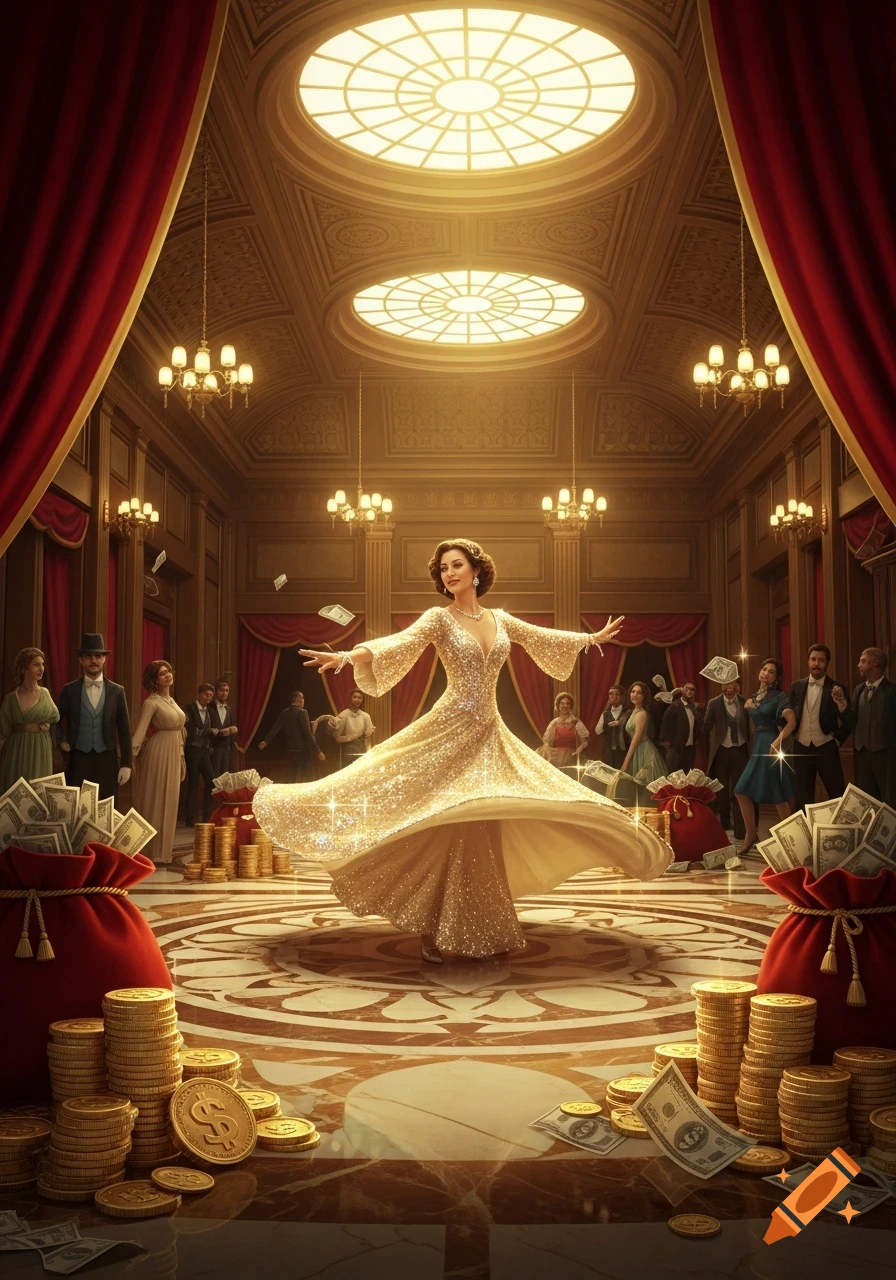 A glamorous woman in a sparkling gold dress dances in a luxurious golden hall, surrounded by stacks of gold coins, bags of money, and other well-dressed people.
