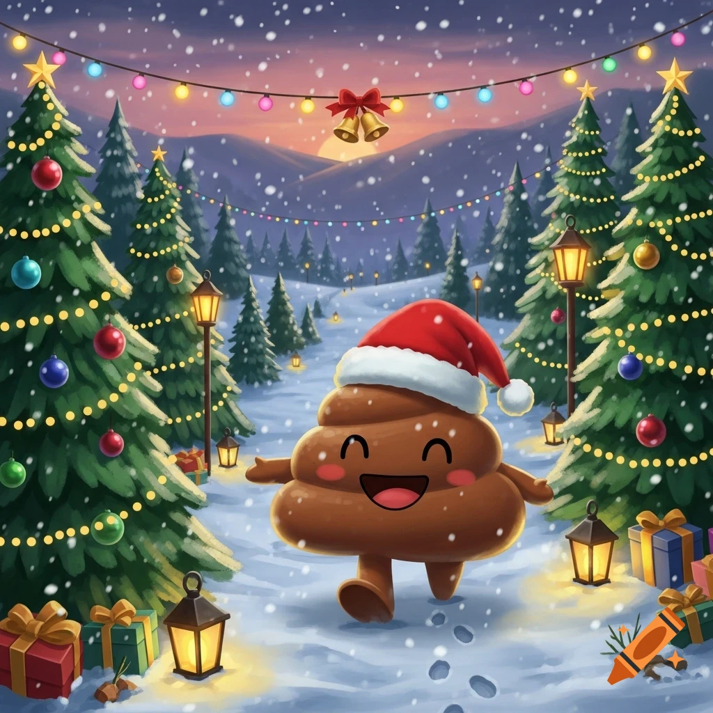 A cute brown poop emoji character wearing a Santa hat walks in a snowy Christmas tree farm with colorful lights and gifts, digital illustration.