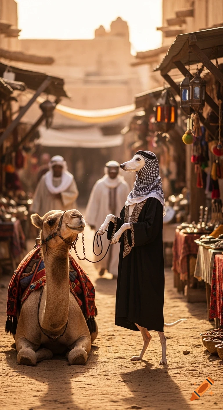 A white greyhound, dressed in a black cloak and kufiya shemagh, stands upright holding the reins of a camel in a sunny desert bazaar.