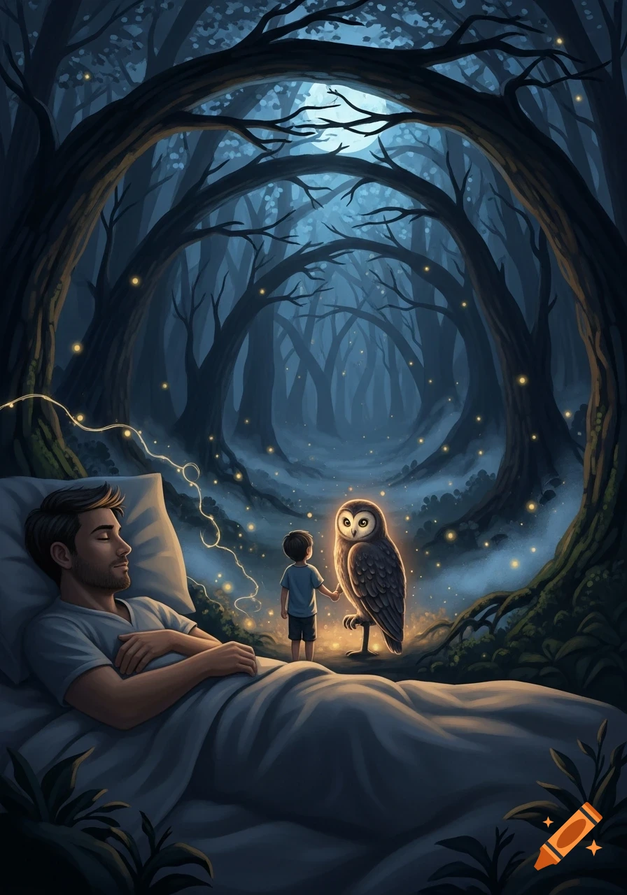 Dreamlike illustration of a man sleeping as a boy holds hands with a glowing owl in a magical forest.