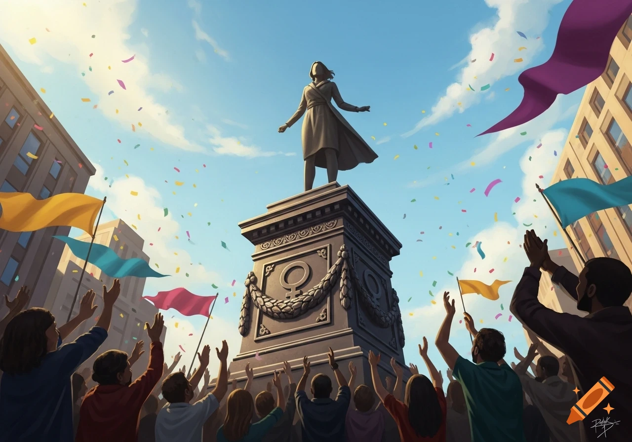 A crowd cheers, arms raised, as confetti falls around a tall statue of a woman on a pedestal in a city square under a blue sky.