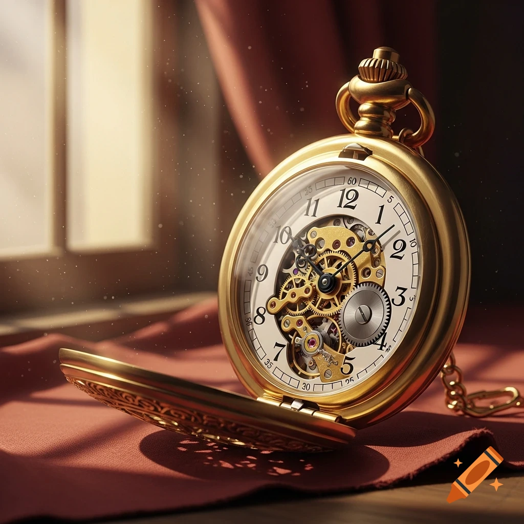 A detailed, photorealistic golden open-faced pocket watch with visible gears and ruby jewels, resting on a draped red cloth with sunlight streaming through a window.