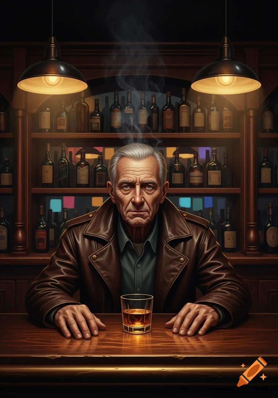 An older man with gray hair sits at a bar counter with a glass of whiskey, a smoke plume above him, against a backdrop of liquor bottles.