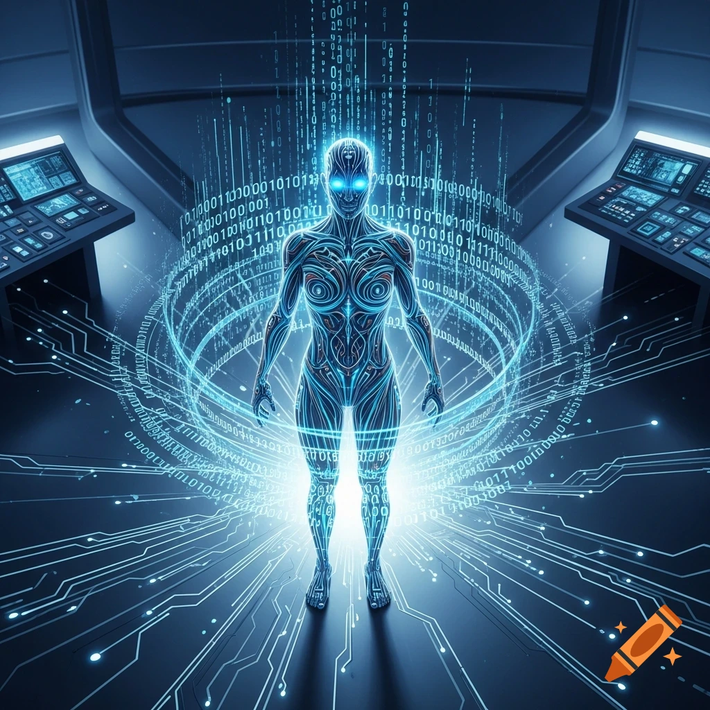 A glowing humanoid AI figure made of light and circuits, surrounded by binary code in a dark, futuristic control room.