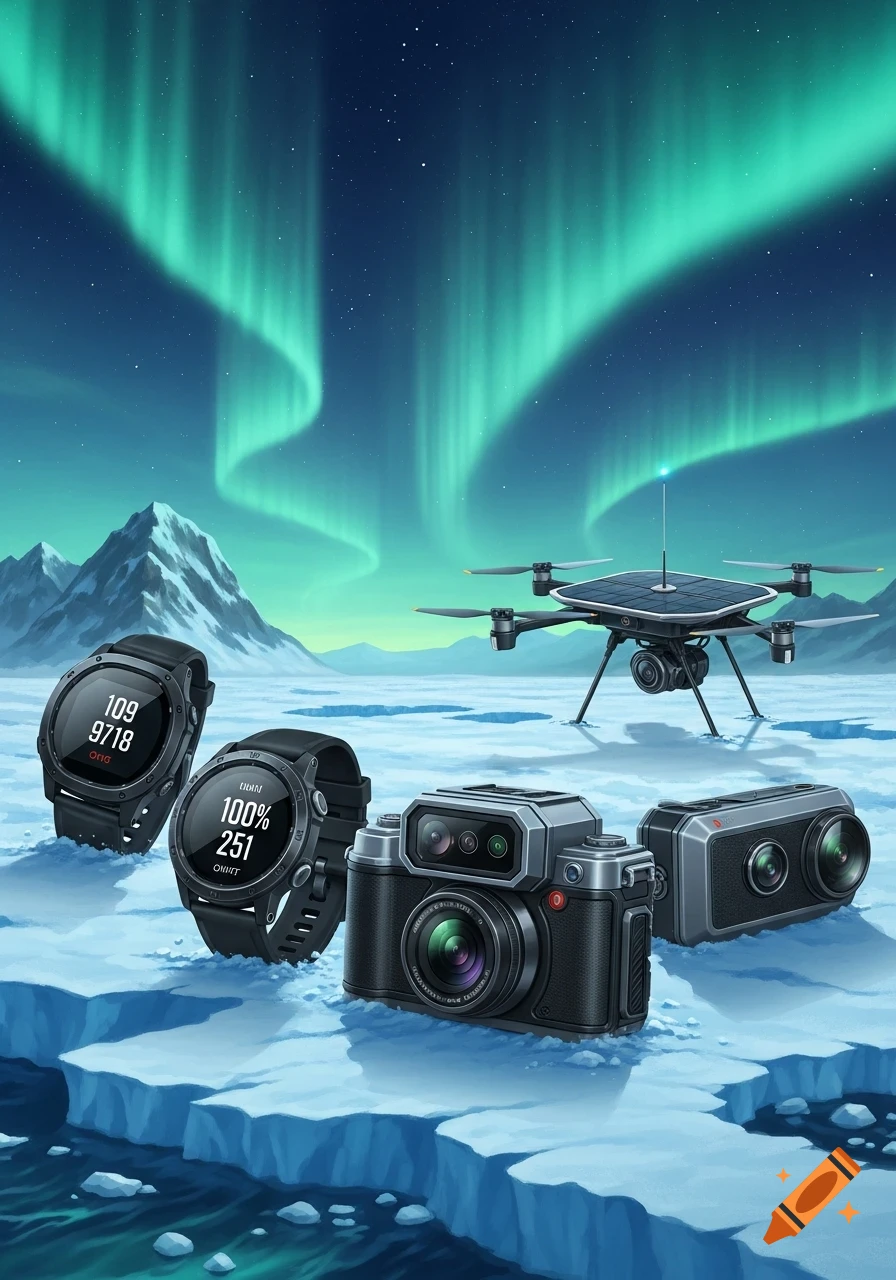 Illustrative image of smartwatches, a camera, and a drone on ice with mountains and aurora borealis in an arctic landscape.