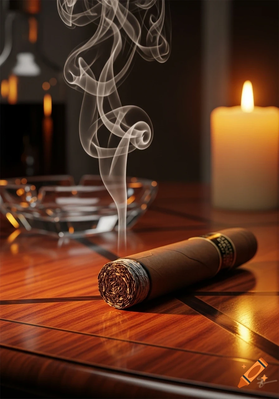 Photorealistic image of a lit cigar with rising smoke, an ashtray, and a burning candle on a polished wooden table.
