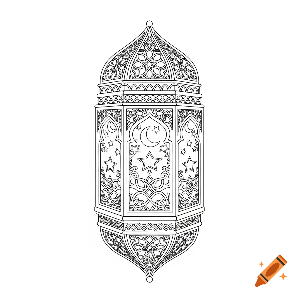 Black and white outline drawing of an ornate Ramadan lantern with moon and star cutouts, for a coloring page.