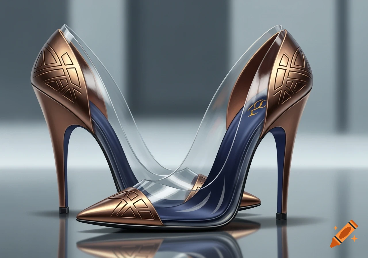 Two futuristic high heels crafted from brushed bronze and clear Perspex, with dark blue interiors, stand on a reflective surface in a minimalist setting.