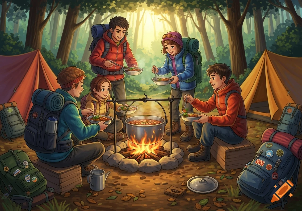 A group of friends sharing a meal around a campfire in a forest, with tents and backpacks nearby, in a bright cartoon illustration style.