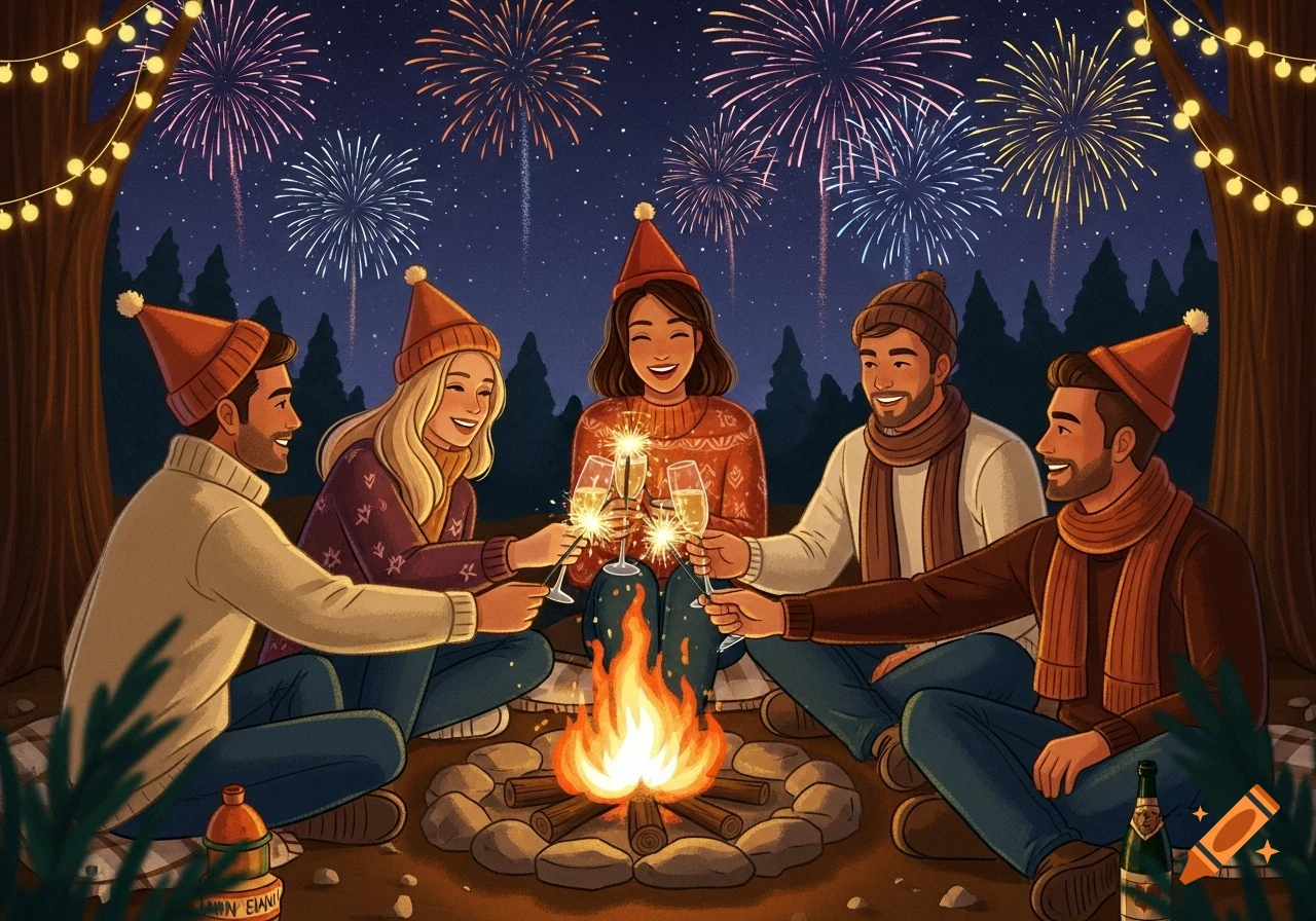 Illustrated scene of five friends celebrating New Year's Eve around a bonfire with fireworks overhead.