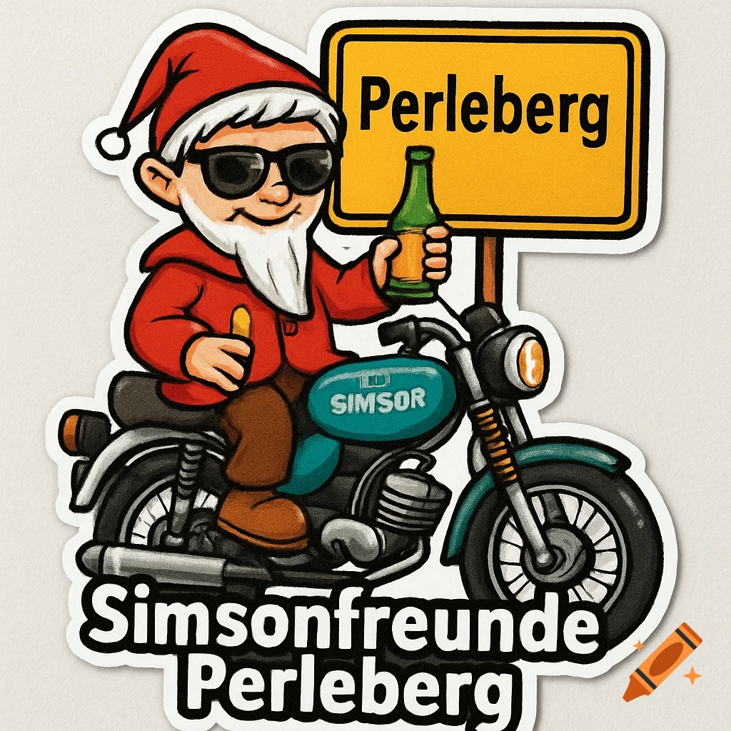 A cartoon sticker shows a gnome in a red Santa hat, sunglasses, and white beard, riding a blue motorcycle and holding a beer. Behind him is a yellow sign reading "Perleberg." The text "Simsonfreunde Perleberg" is at the bottom.