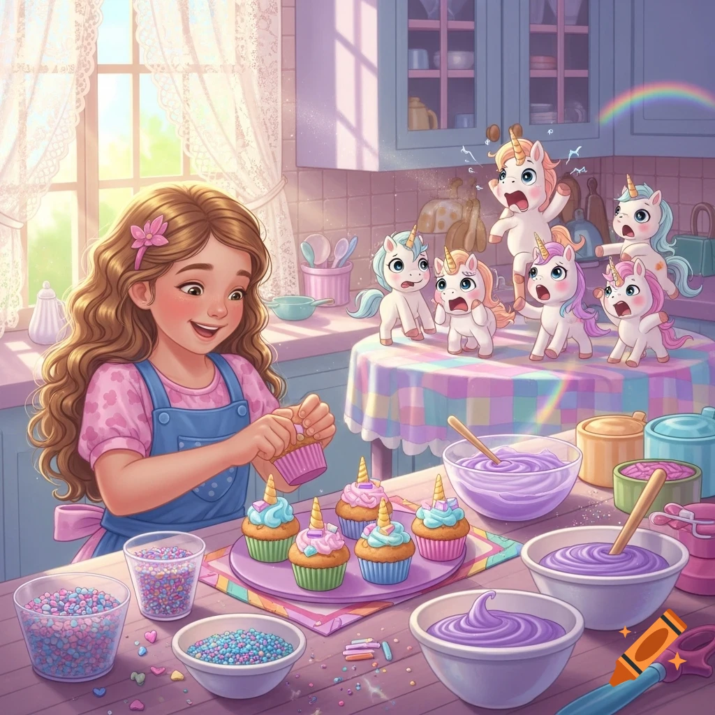 A young girl decorates cupcakes with unicorn horns and sprinkles in a pastel kitchen, while several cartoon unicorns on the counter look shocked and afraid.