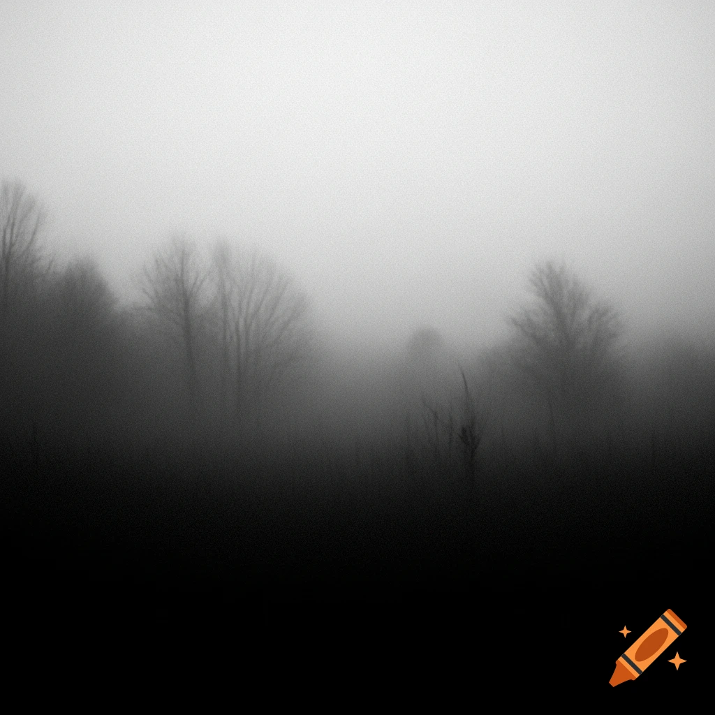 Monochrome misty landscape with bare trees partially visible through heavy fog, creating an abstract scene.