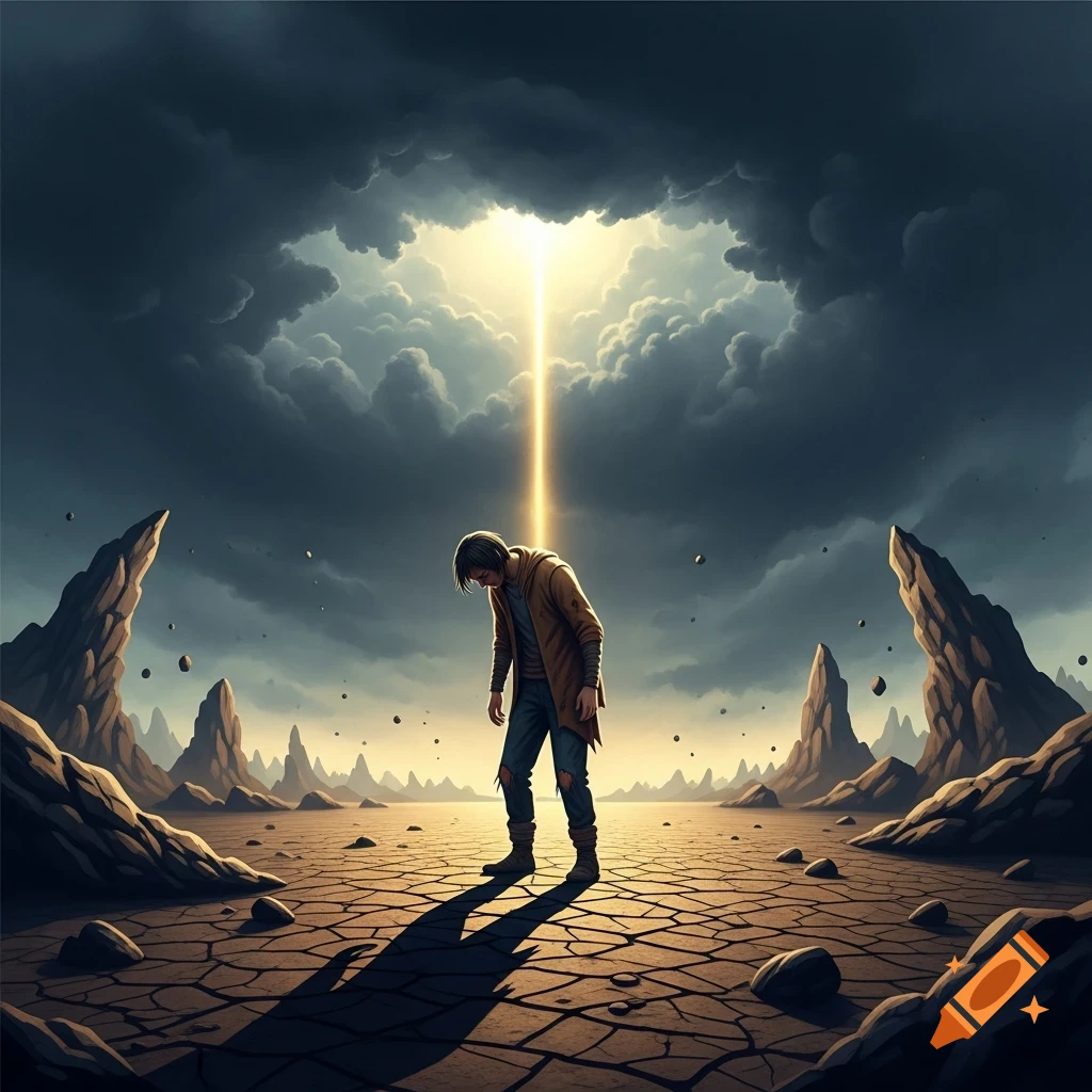 A person stands with head bowed on cracked earth under dark, stormy clouds, illuminated by a single, strong beam of light from above.